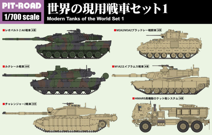 MI09 1/700 世界の現用戦車セット1(M1A2、レオパルト2A6、チャレンジャー2、ルクレール、M2A2/M3、HIMARS)