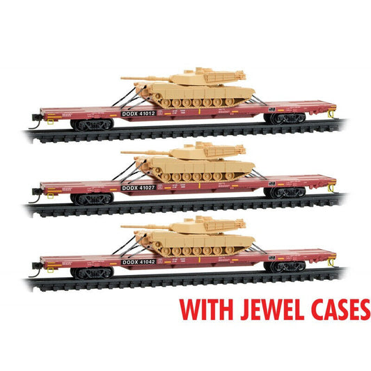 0398302214 MICRO-TRAINS 1/160 DODX RED FLAT CAR 3-PACK WITH ABRAMS TANKS