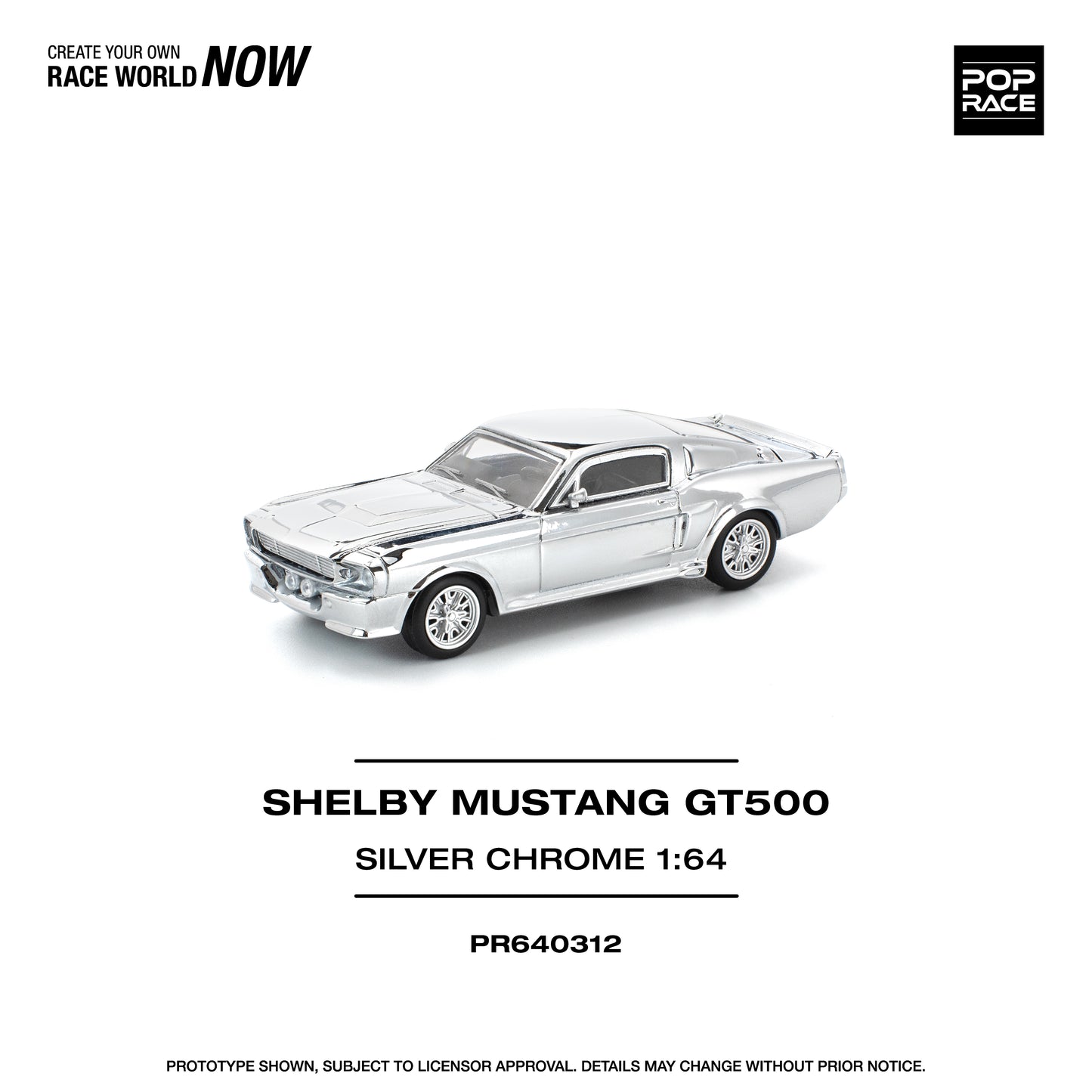 PR640312 POP RACE 1/64 SHELBY MUSTANG GT500 SILVER CHROME