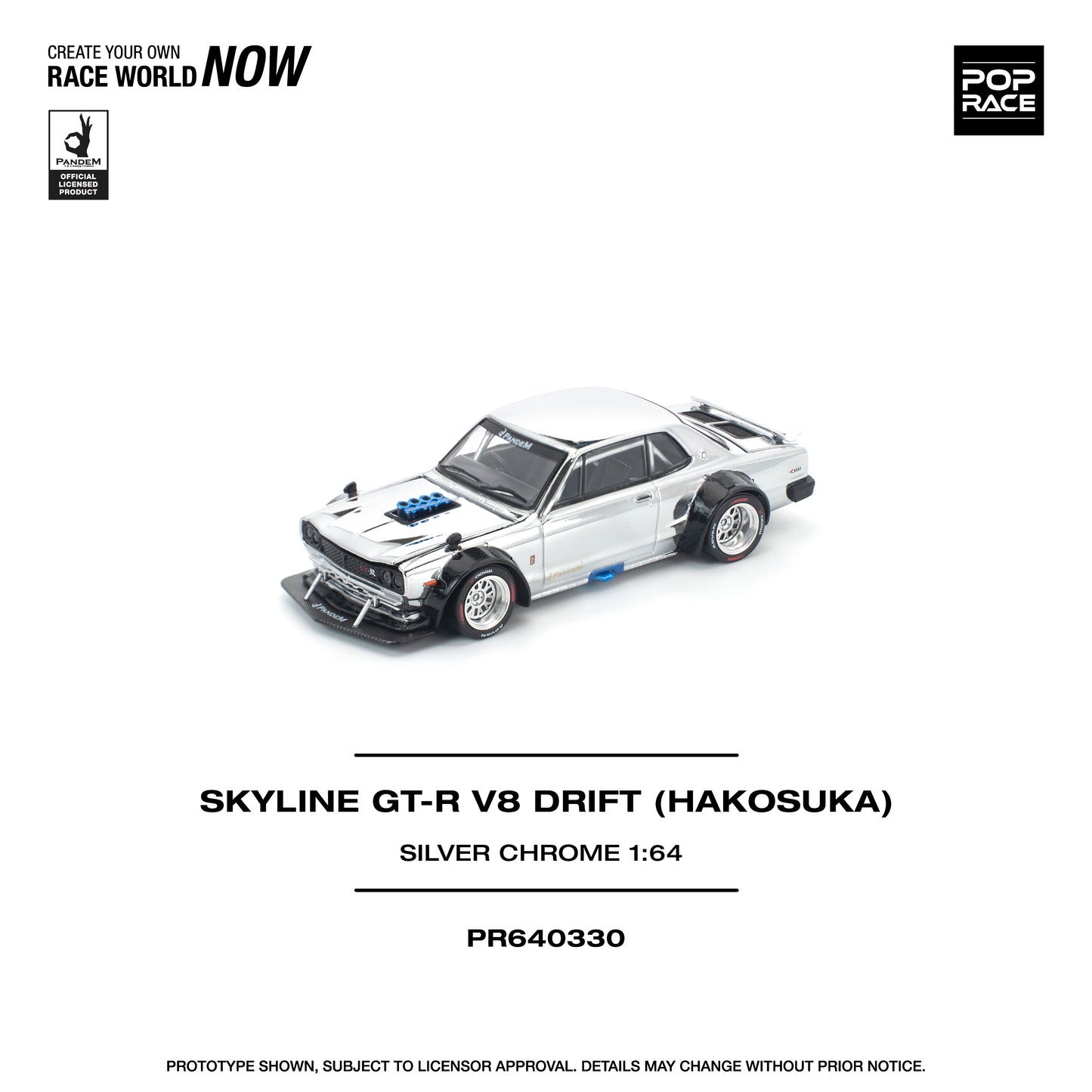 PR640330 POP RACE 1/64 SKYLINE GT-R V8 DRIFT (HAKOSUKA) SILVER CHROME