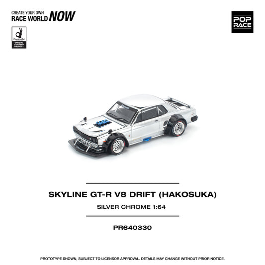PR640330 POP RACE 1/64 SKYLINE GT-R V8 DRIFT (HAKOSUKA) SILVER CHROME